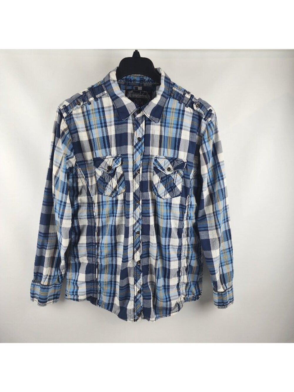 Buckle Black Shirt Mens XL Plaid Slim Fit Snap Long Sleeve Blue Black Multicolor